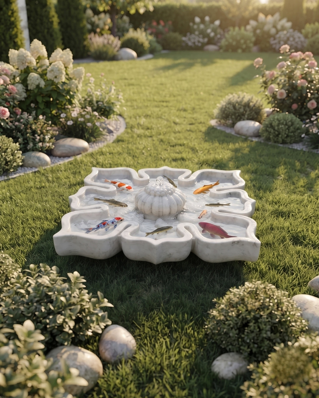 Hand-Carved White Marble Floral Garden Fountain with Petal-Shaped Basin