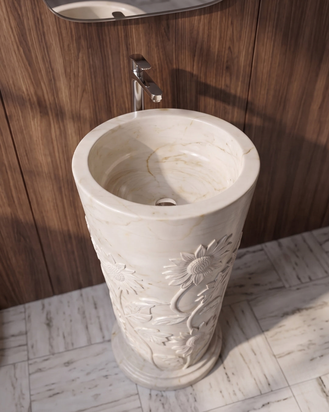 Hand-Carved Floral White Marble Wash Basin