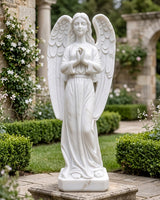 Hand-Carved White Marble Angel Statue with Praying Hands & Detailed Wings