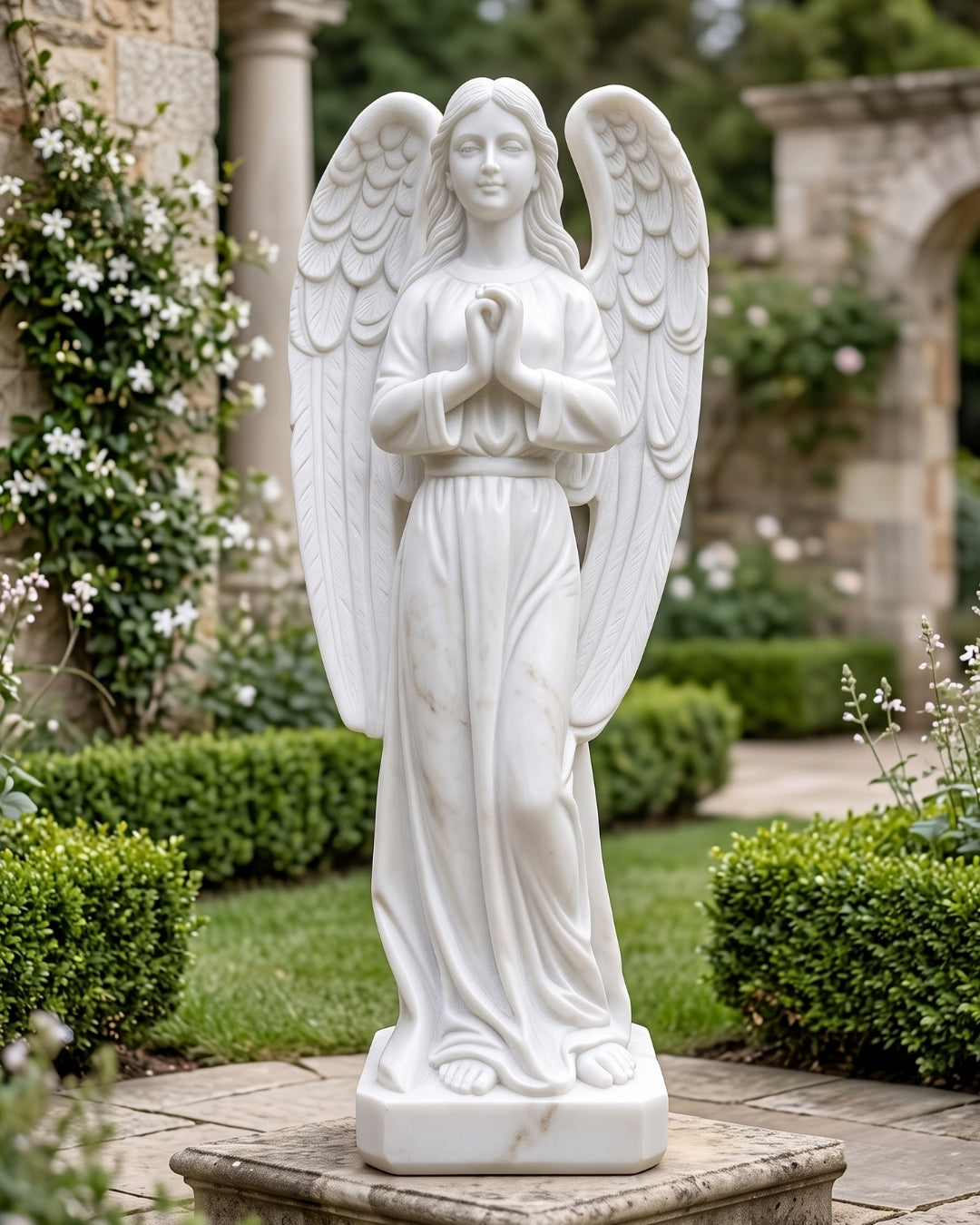 Hand-Carved White Marble Angel Statue with Praying Hands & Detailed Wings