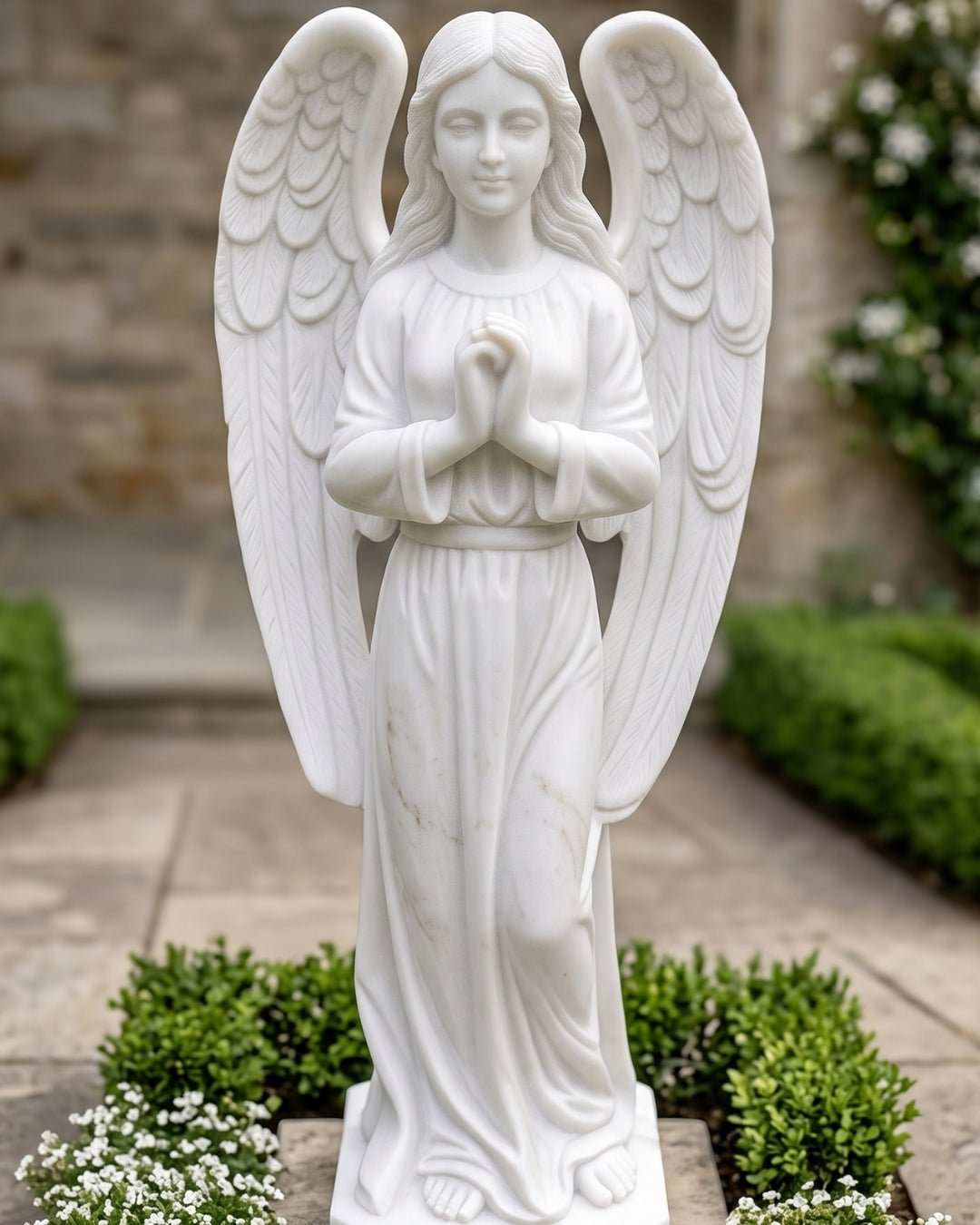 Hand-Carved White Marble Angel Statue with Praying Hands & Detailed Wings