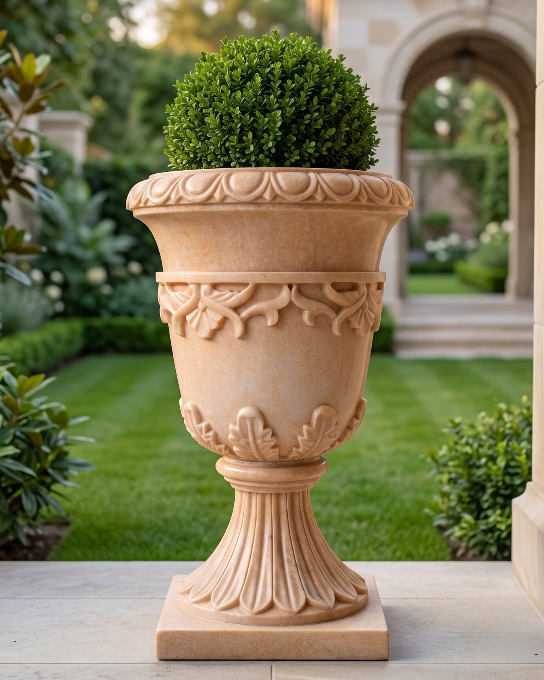 Hand-Carved Sandstone Urn Planter with Floral Pedestal Design