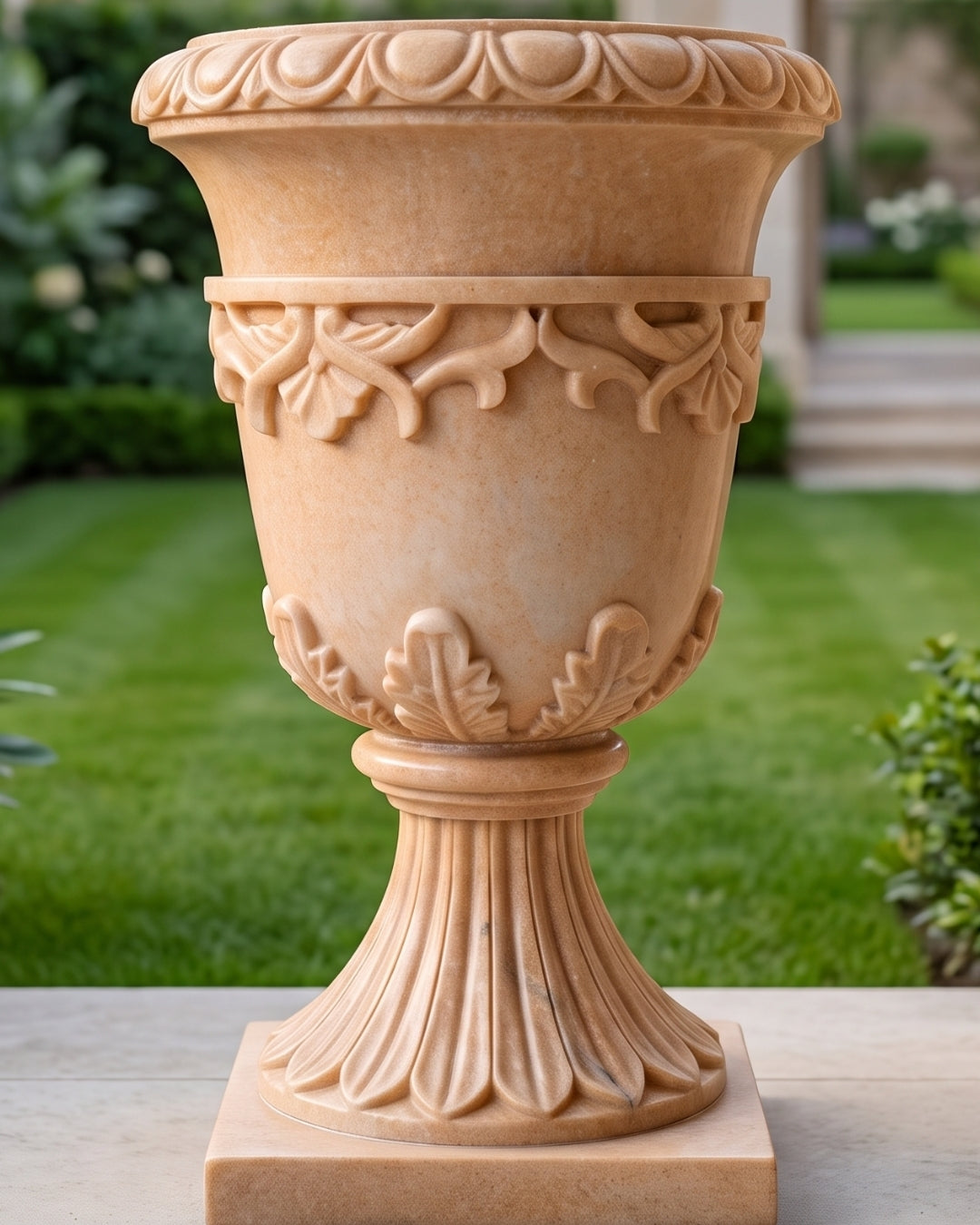 Hand-Carved Sandstone Urn Planter with Floral Pedestal Design