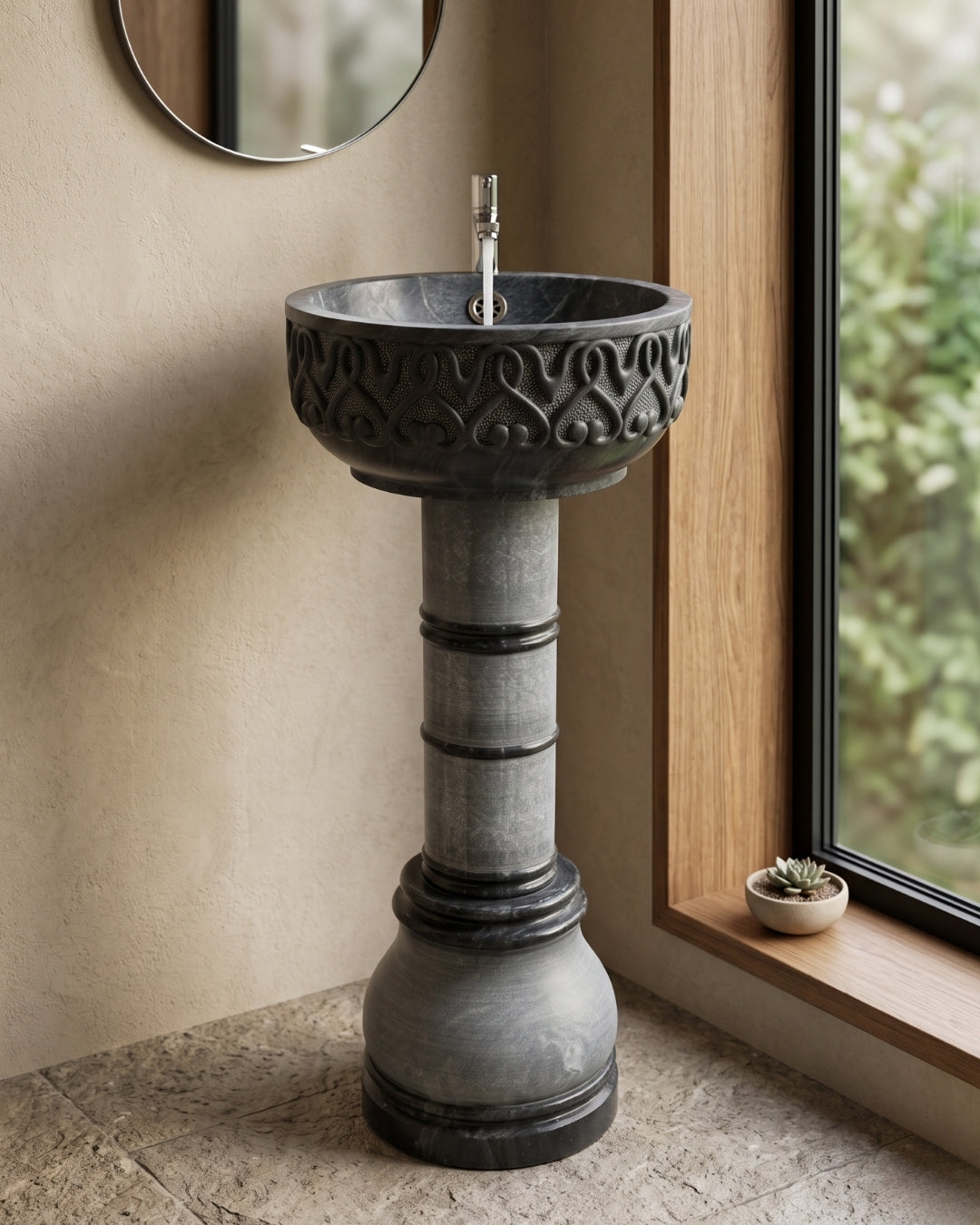 Carbon Black Marble Pedestal Wash Basin