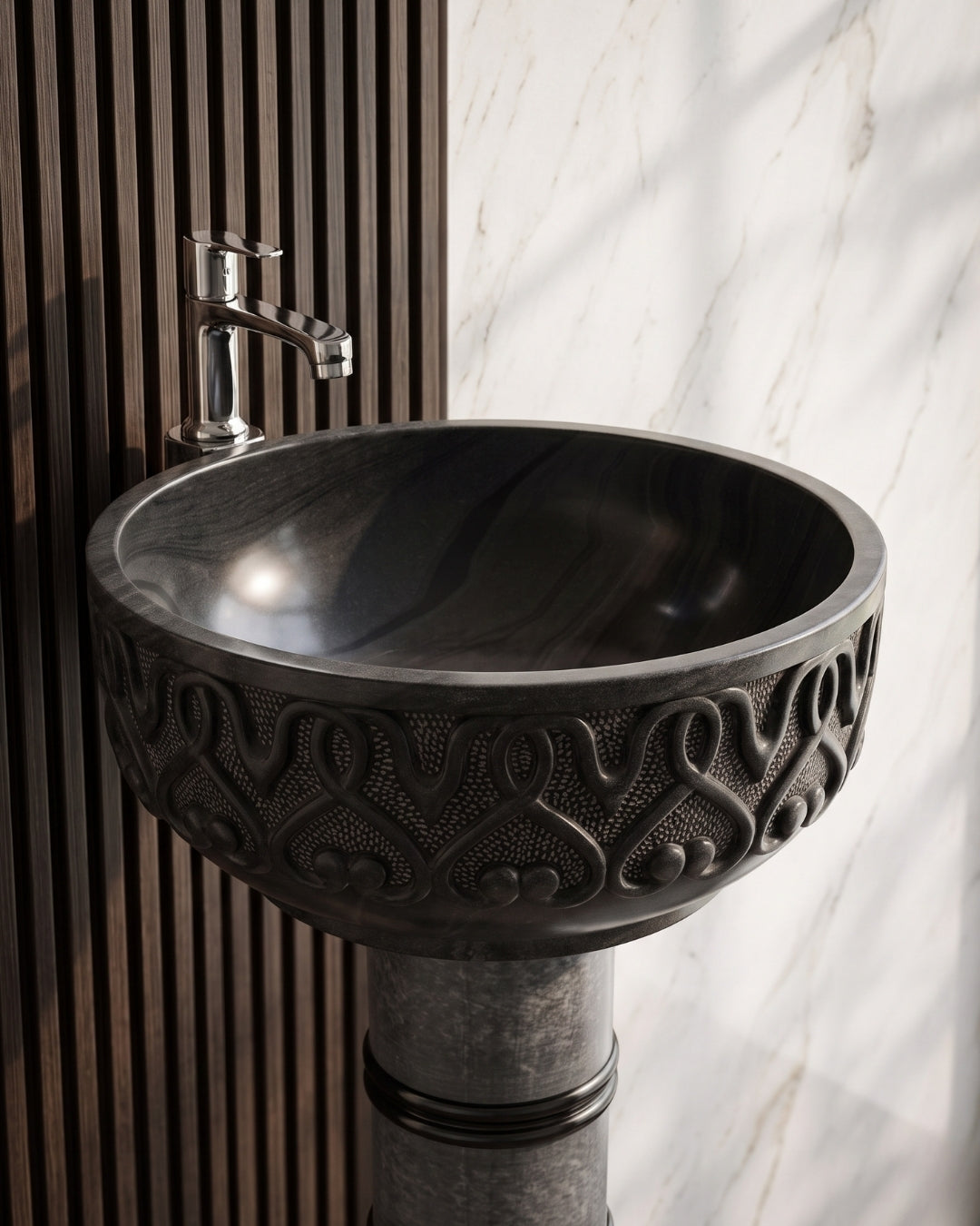 Carbon Black Marble Pedestal Wash Basin