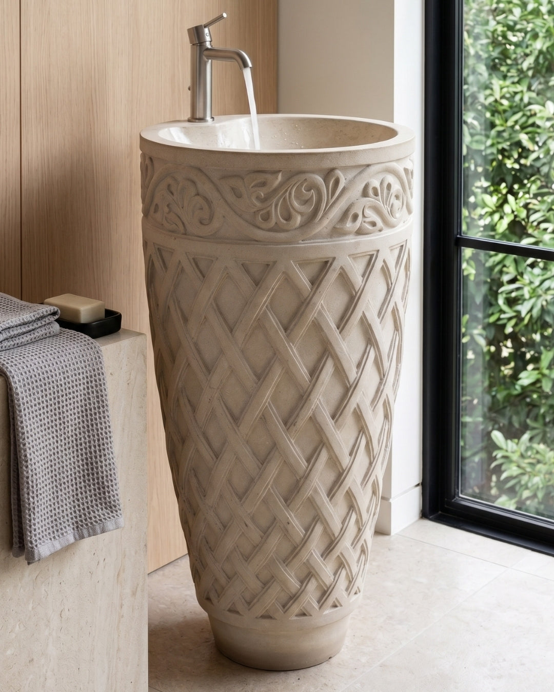 Hand-Carved Sandstone Pedestal Wash Basin