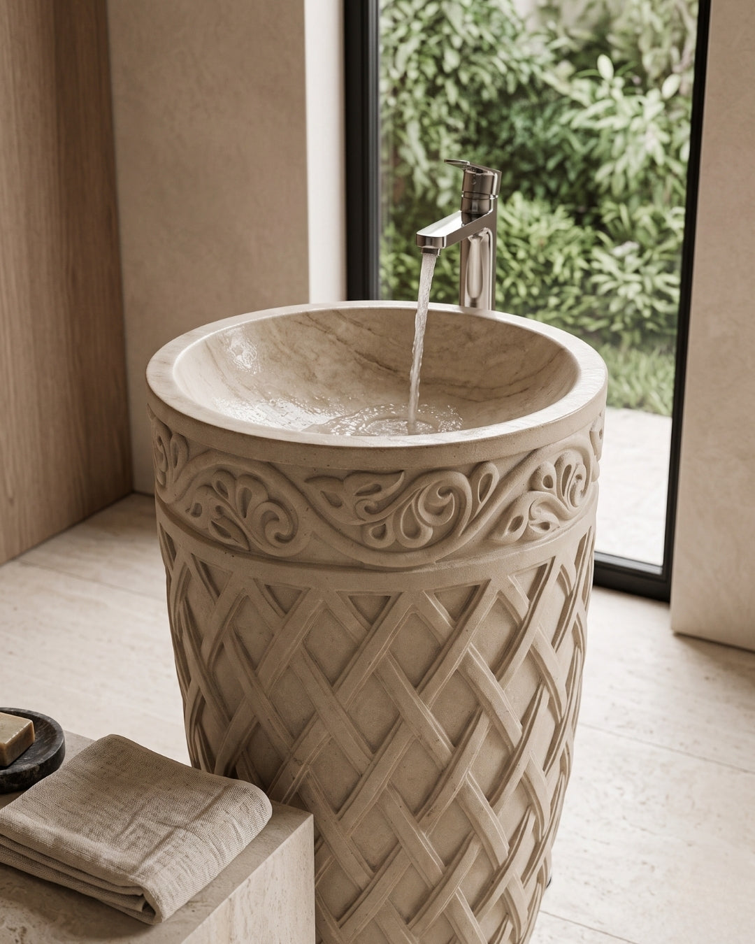 Hand-Carved Sandstone Pedestal Wash Basin