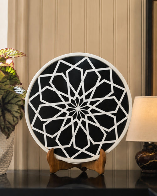 Black & White Marble Inlay Decorative Plate with Geometric Star Design