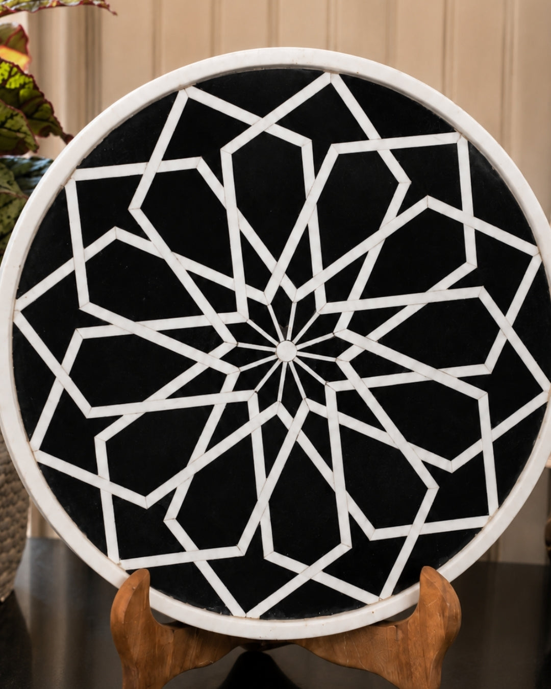 Black & White Marble Inlay Decorative Plate with Geometric Star Design