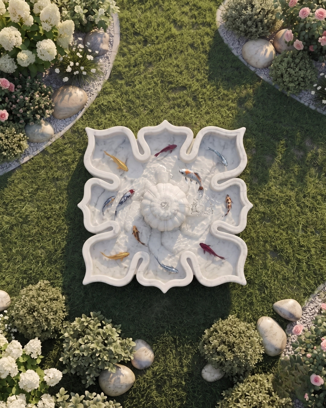 Hand-Carved White Marble Floral Garden Fountain with Petal-Shaped Basin