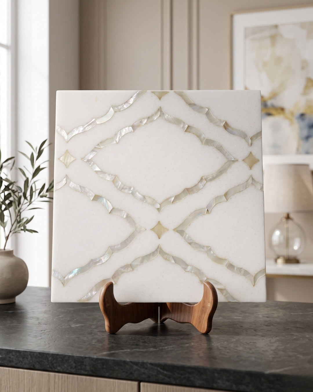 White Marble Inlay Decorative Panel with Mother of Pearl Design