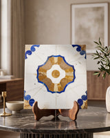 White Marble Inlay Decorative Panel with Blue & Golden Medallion Design