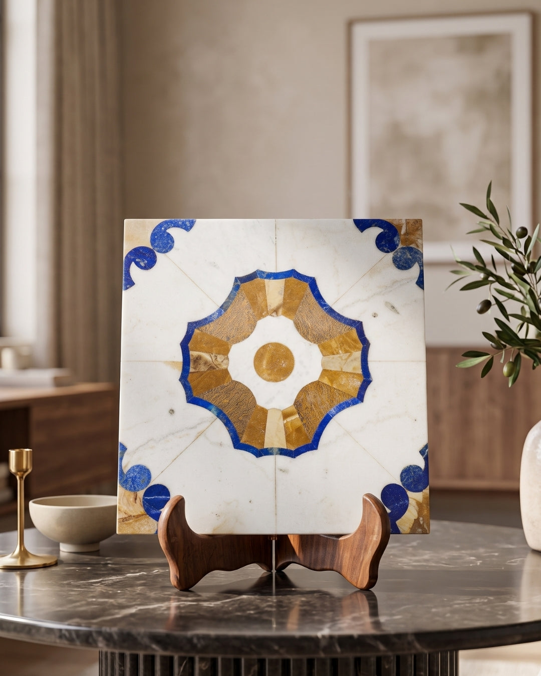 White Marble Inlay Decorative Panel with Blue & Golden Medallion Design