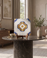 White Marble Inlay Decorative Panel with Blue & Golden Medallion Design