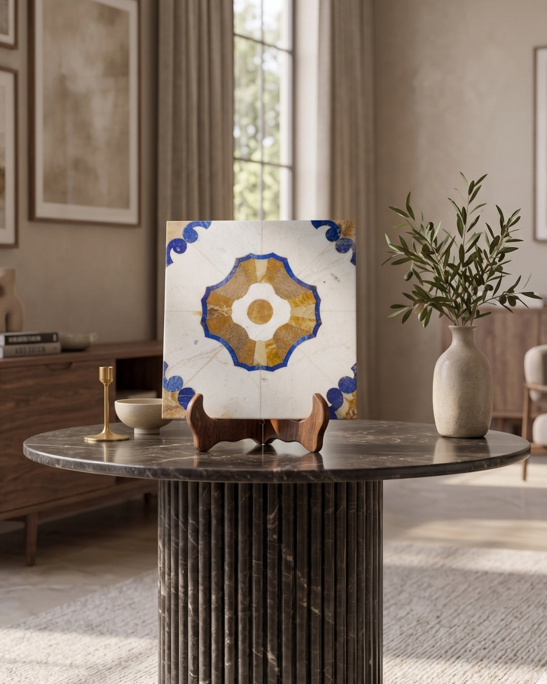 White Marble Inlay Decorative Panel with Blue & Golden Medallion Design