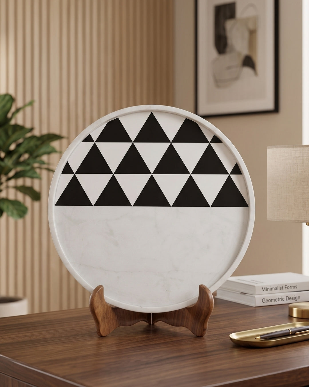 White Marble Decorative Plate with Black Geometric Triangle Inlay Design