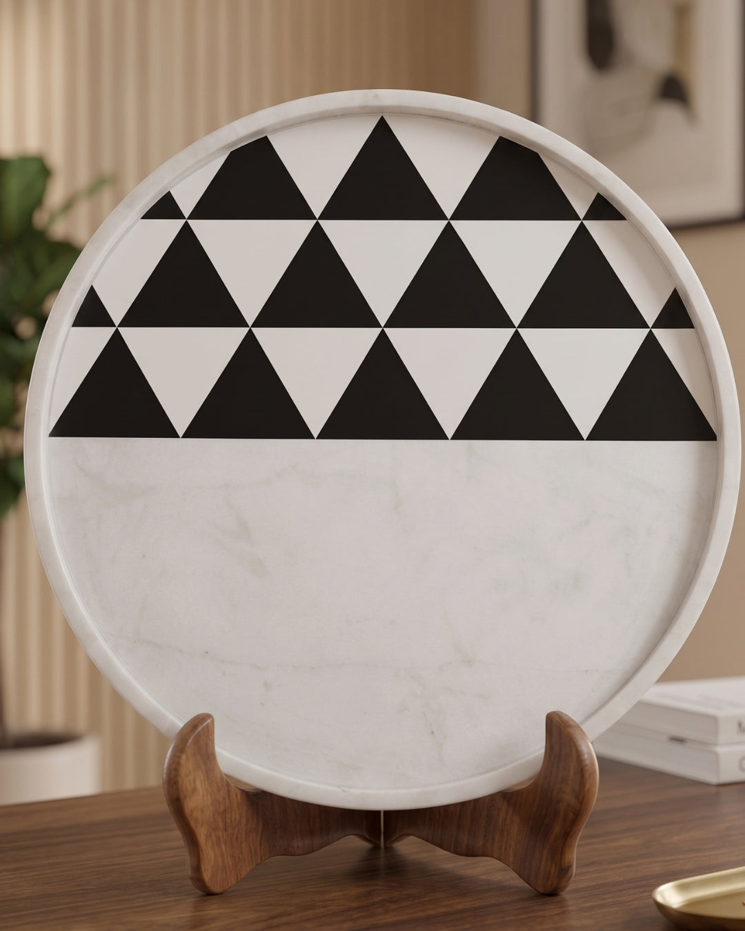 White Marble Decorative Plate with Black Geometric Triangle Inlay Design