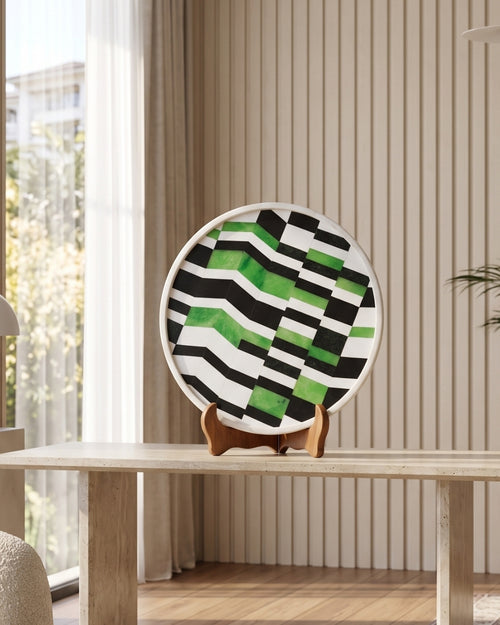 Green Black & White Marble Decorative Plate with Geometric Inlay Design