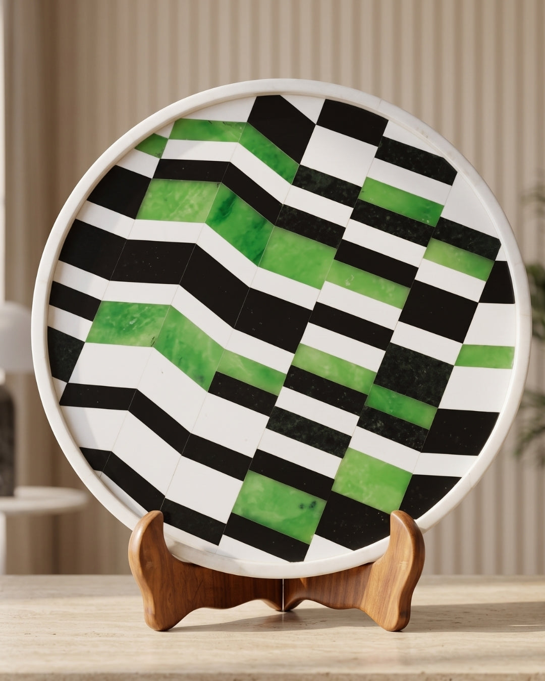 Green Black & White Marble Decorative Plate with Geometric Inlay Design