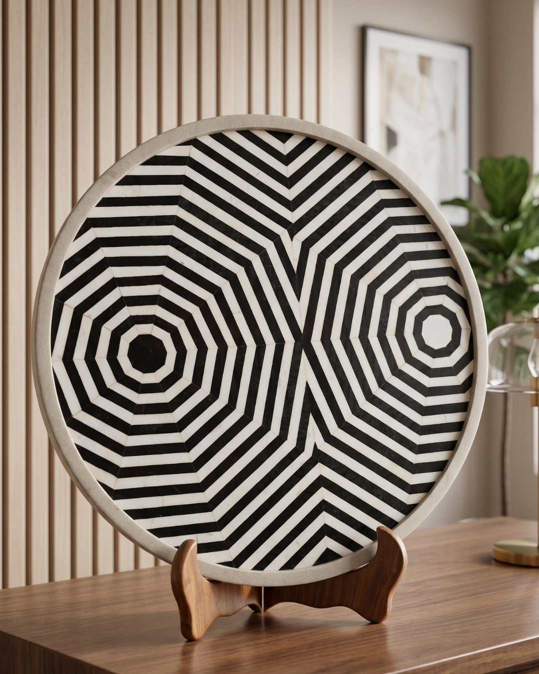 Black & White Marble Decorative Plate with Optical Geometric Inlay Design