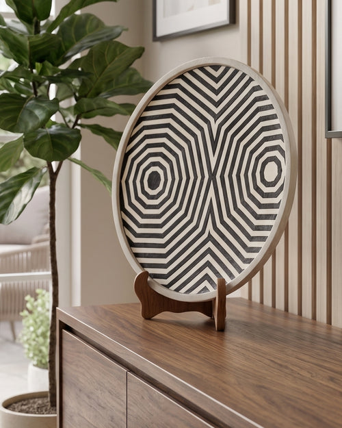 Black & White Marble Decorative Plate with Optical Geometric Inlay Design