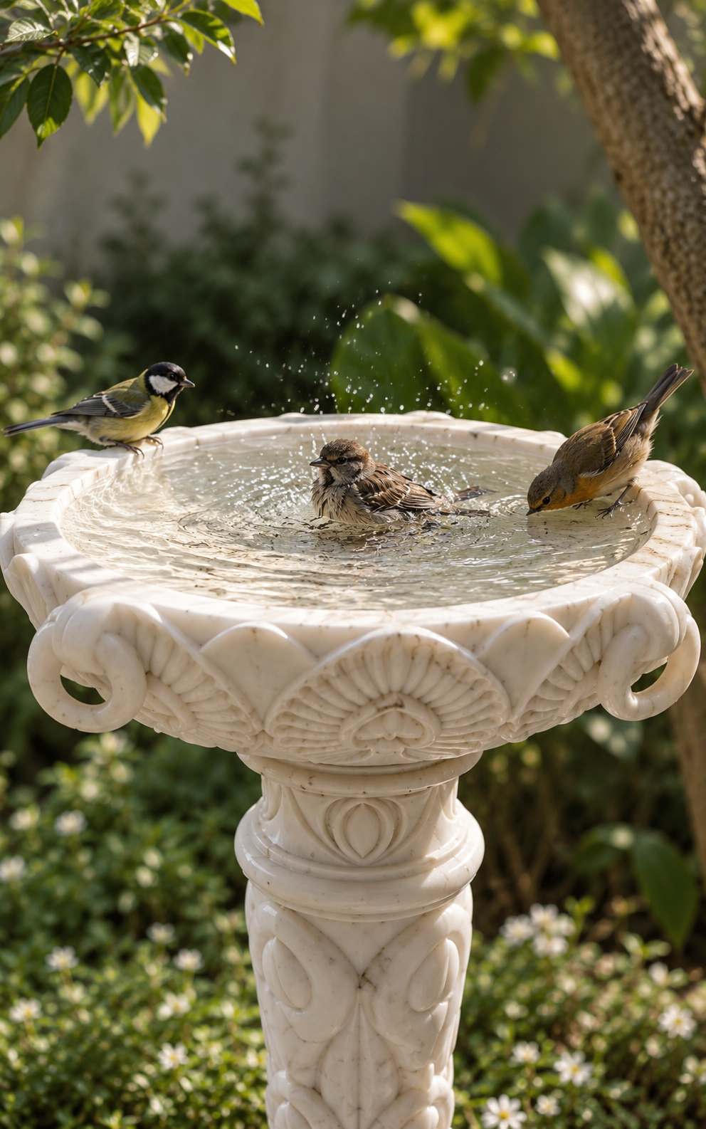 Handcrafted White Marble Bird Bath
