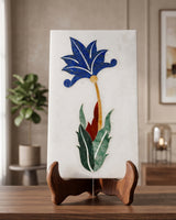 White Marble Decorative Panel with Blue Floral Inlay Design
