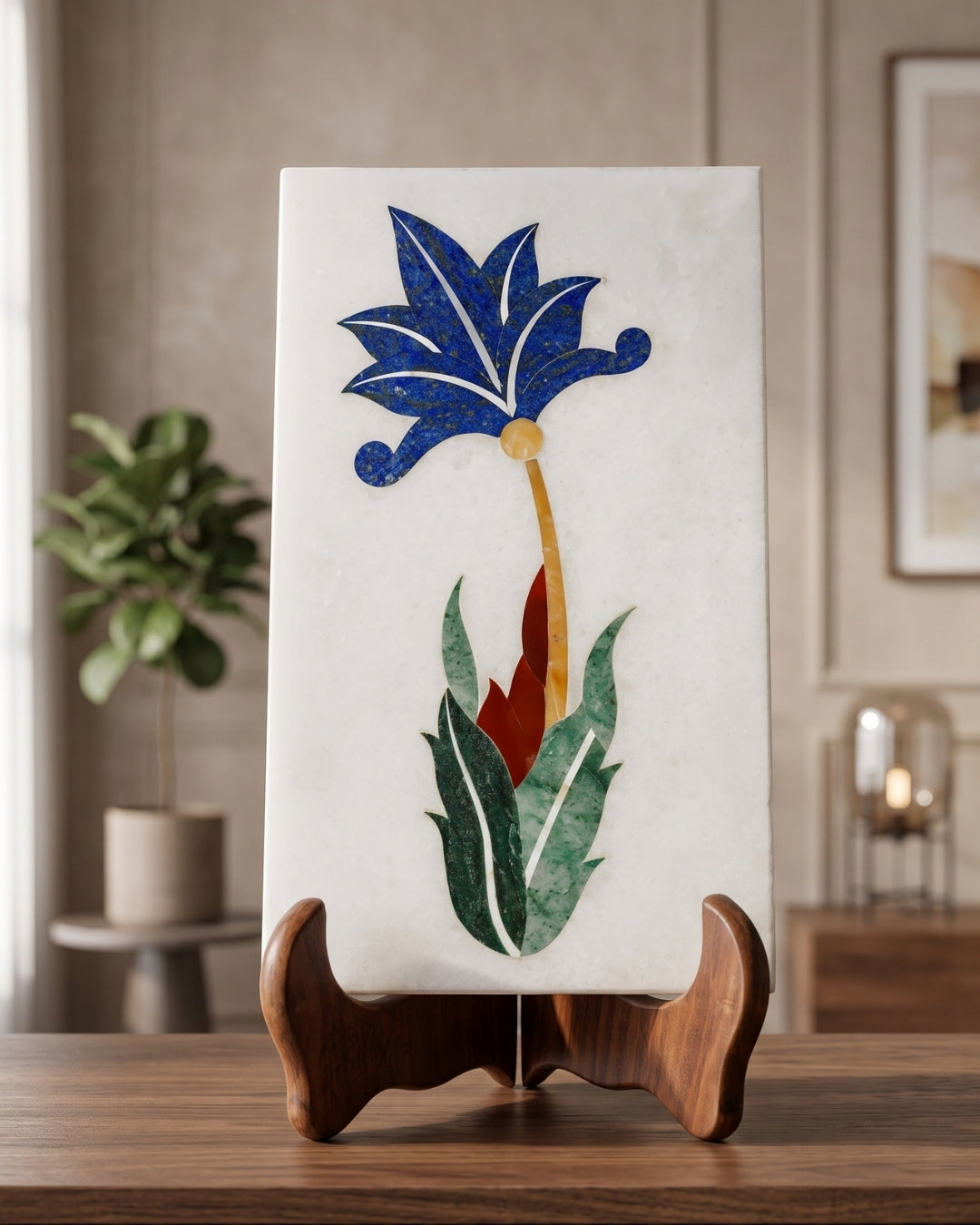 White Marble Decorative Panel with Blue Floral Inlay Design