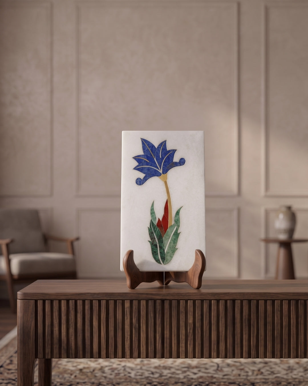 White Marble Decorative Panel with Blue Floral Inlay Design