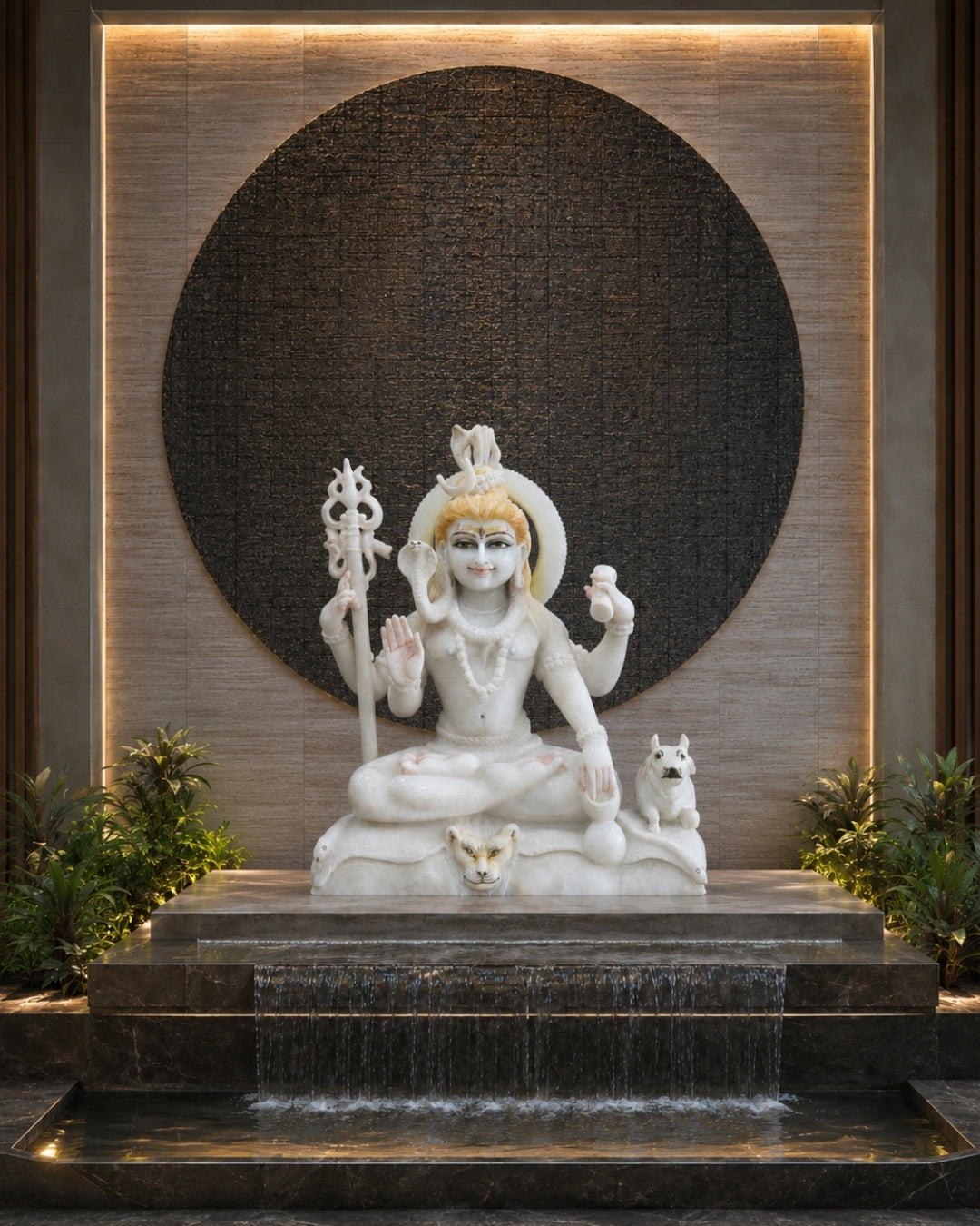 Hand-Carved White Marble Lord Shiva Statue with Trishul & Nandi Design