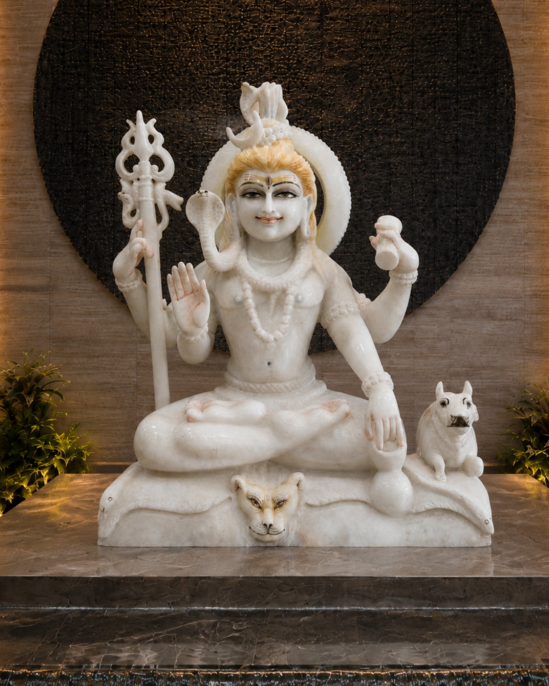 Hand-Carved White Marble Lord Shiva Statue with Trishul & Nandi Design