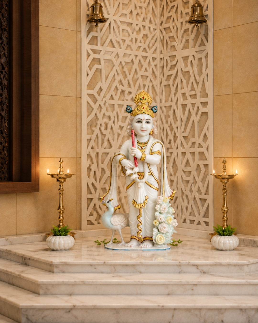 Hand-Carved White Marble Lord Krishna Statue with Flute & Peacock Design