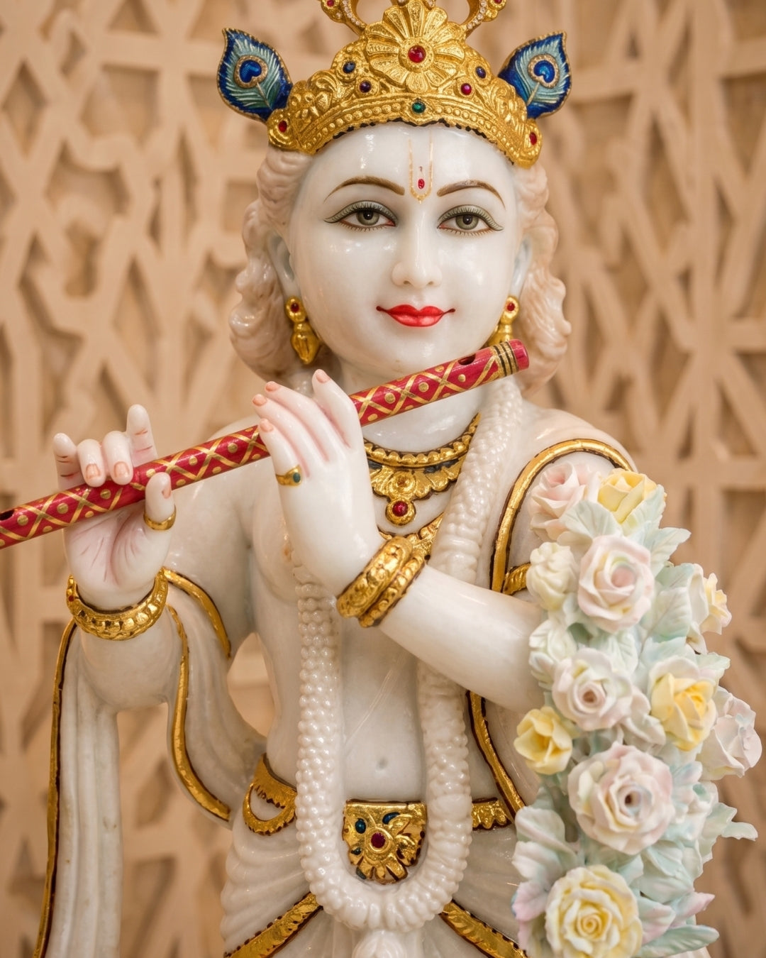 Hand-Carved White Marble Lord Krishna Statue with Flute & Peacock Design