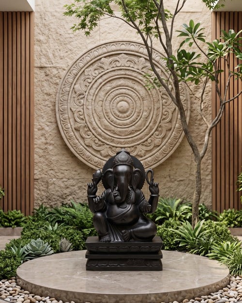 Hand-Carved Black Stone Lord Ganesha Statue with Detailed Crown & Lotus Base