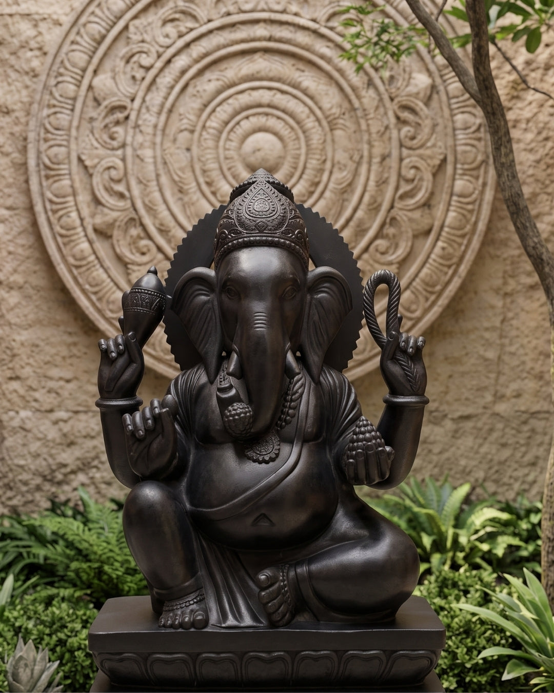 Hand-Carved Black Stone Lord Ganesha Statue with Detailed Crown & Lotus Base