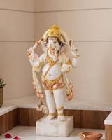 Hand-Carved White Marble Standing Lord Ganesha Statue with Golden Detailing
