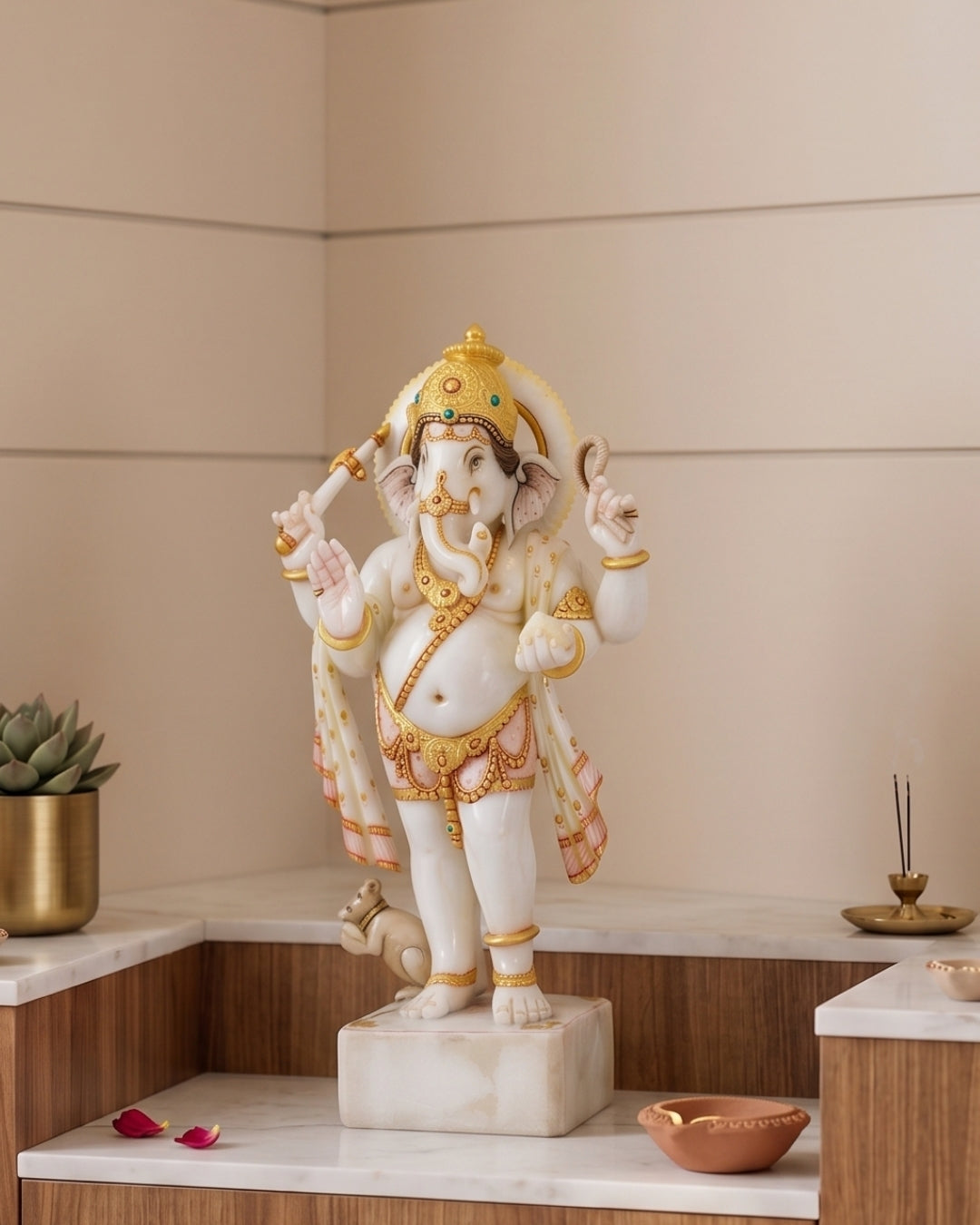 Hand-Carved White Marble Standing Lord Ganesha Statue with Golden Detailing