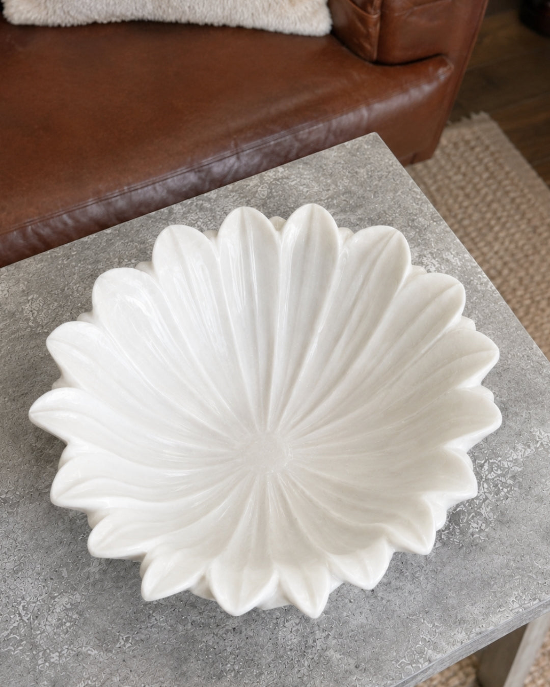 Hand-Carved White Marble Floral Decorative Bowl with Petal Design