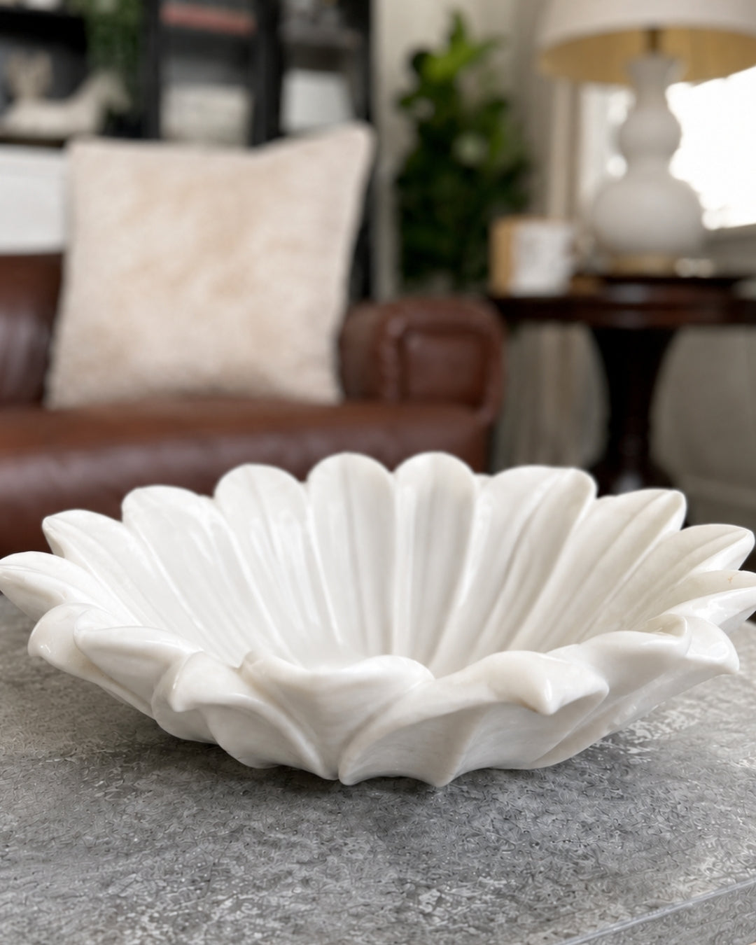 Hand-Carved White Marble Floral Decorative Bowl with Petal Design