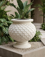Hand-Carved White Marble Garden Planter with Petal Scale Design