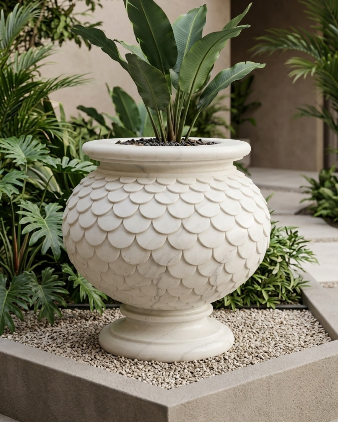 Hand-Carved White Marble Garden Planter with Petal Scale Design