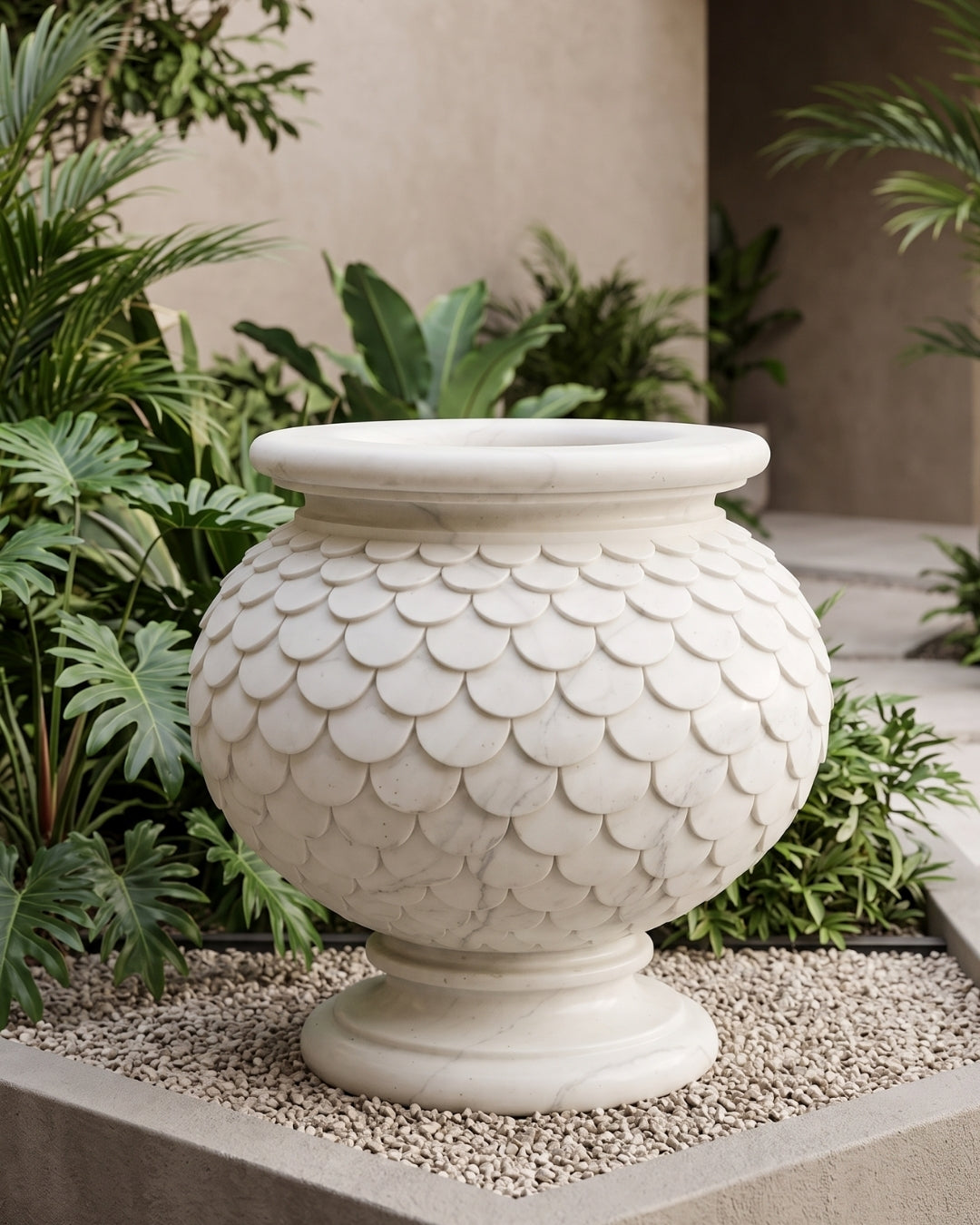 Hand-Carved White Marble Garden Planter with Petal Scale Design