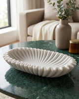Hand-Carved White Marble Fluted Decorative Bowl with Wavy Rim Design
