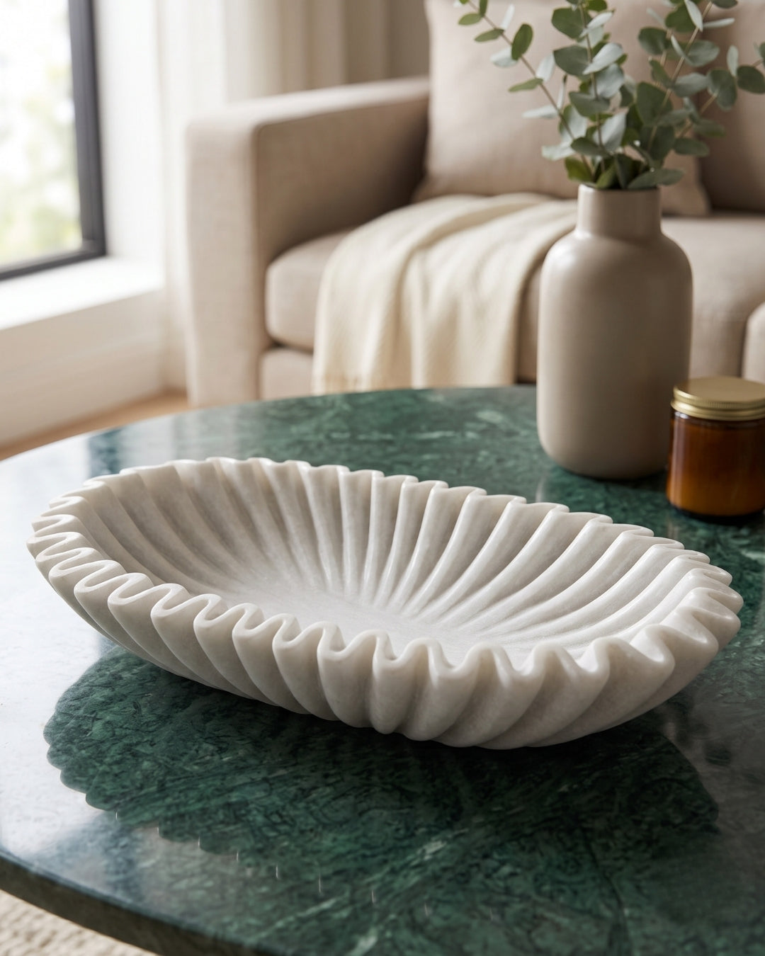 Hand-Carved White Marble Fluted Decorative Bowl with Wavy Rim Design