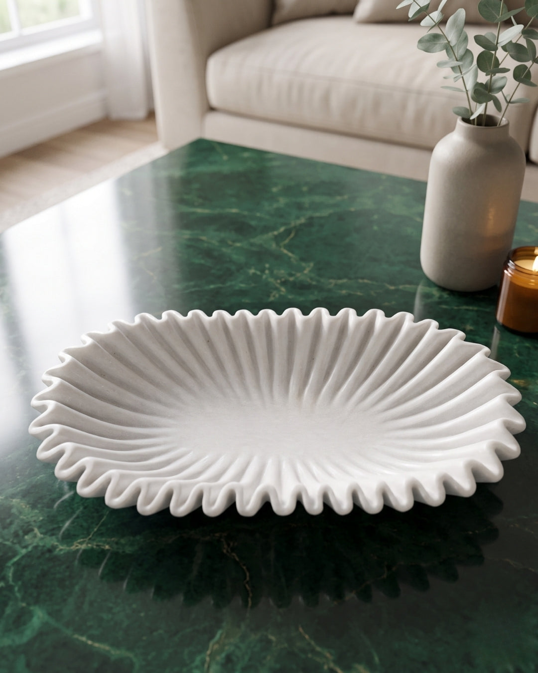 Hand-Carved White Marble Fluted Decorative Bowl with Wavy Rim Design