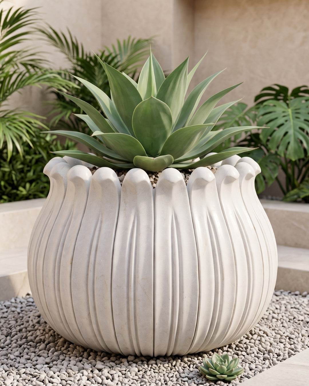 Hand-Carved White Marble Fluted Garden Planter with Scalloped Rim Design