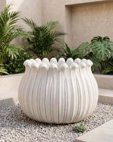 Hand-Carved White Marble Fluted Garden Planter with Scalloped Rim Design