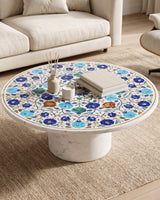 White Marble Round Coffee Table with Colorful Floral Inlay Design