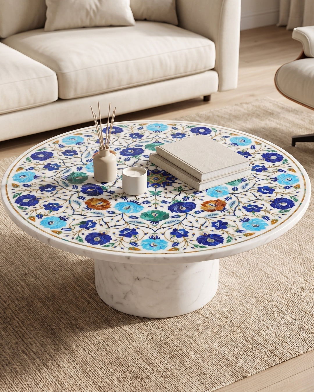 White Marble Round Coffee Table with Colorful Floral Inlay Design