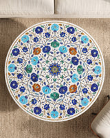 White Marble Round Coffee Table with Colorful Floral Inlay Design